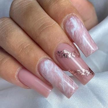 Imagem de Kit de unhas postiças médias longas quadradas com design de glitter cola em gel nas unhas para mulheres cobertura completa bastão falso acrílico manicure para casamento 24 peças