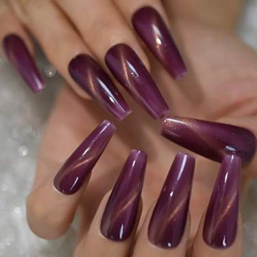 Imagem de Pregos postiços de olho de gato roxo brilhante para unhas postiças de caixão longo cobertura completa brilhante prata glitter unhas postiças kits de manicure