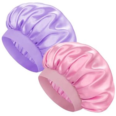 Imagem de 2 peças de gorro de seda feminino, touca de banho encaracolada com elástico, rosa e roxo claro
