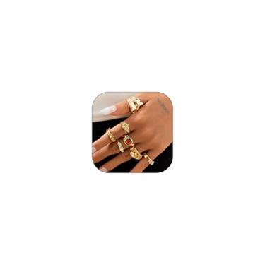 Imagem de HUASAI Conjunto de anéis empilháveis de ouro para mulheres com pedras preciosas grossas e pedras preciosas, conjunto de anéis de articulação, fantasia elegante de formatura, joias modernas, presentes