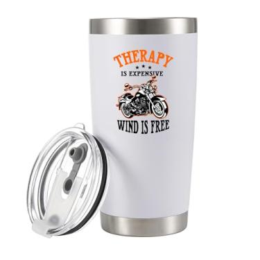 Imagem de Panvola Therapy Is Expensive Wind Is Free Presentes de motocicleta com isolamento a vácuo Copos de motociclista presente para pai marido namorado tio caneca de viagem (branca, 590 ml)
