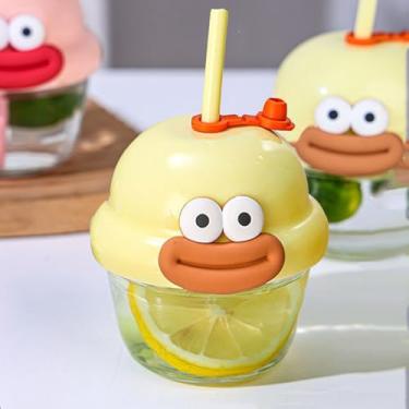 Imagem de Mini copo de vidro com canudo de desenho animado, portátil, 210 ml, garrafa de bebida de viagem para mulheres e homens, casa, escritório, escola, bebida, (amarelo)