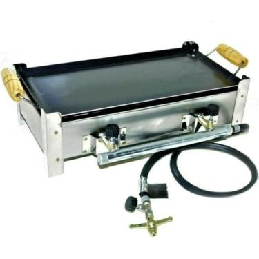 Imagem de Fogão portátil de acampamento com duas bocas e grelha de aço inoxidável de alta pressão de nível semi-industrial (E003 - Chapa Inteira)