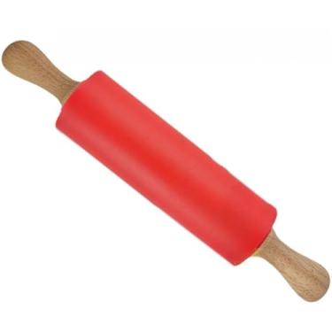 Imagem de Rolo de Massa de Silicone com Cabo de Madeira Giratório, Ideal para Macarrão e Pizza(Vermelho)