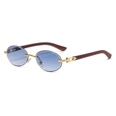 Imagem de HCPIHF Óculos de sol vintage sem aro oval feminino para homens, armação de metal punk de luxo com rebites e haste de grão UV400 (dourado-azul)