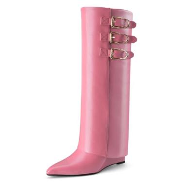 Imagem de Perisis Botas femininas dobráveis cano alto tubarão salto cunha fivelas de couro bico fino puxar botas longas, Poliuretano rosa, 39