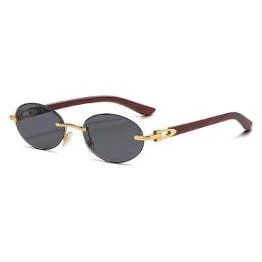 Imagem de HCPIHF Óculos de sol vintage sem aro oval feminino para homens, armação de metal punk de luxo com rebites e haste de grão UV400 (dourado-preto)
