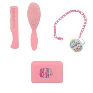 Imagem de Kit Banho Bebê Escova Pente Saboneteira E Prendedor Murano, Rosa