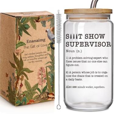 Imagem de Enanaimg Copo de vidro engraçado Sht Show Supervisor Office 473 ml com tampa e canudo presentes para chefe de dia de chefe, presente engraçado de milagre para chefes de equipe mulheres homens