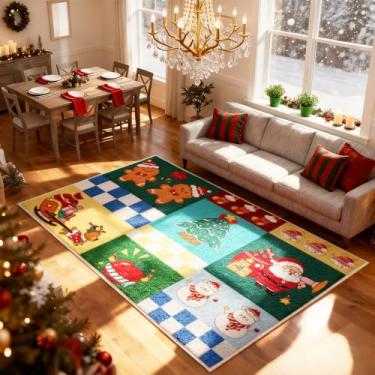 Imagem de ToMaHo Tapete de Natal, tapete decorativo de Papai Noel de 1,5 x 2,1 m, capacho de presente de inverno, decoração de quarto de criança, lavável e antiderrapante