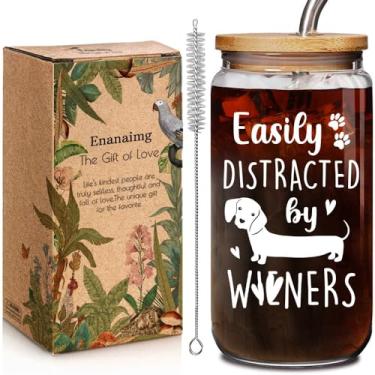 Imagem de Funny Dachshund Dog Mom 473 ml Copo de vidro com canudo presente de Natal para mulheres e homens - Facilmente distraído por W*ners, fofo Dachshund Dog Lovers Xícara de café sarcasmo motivacional