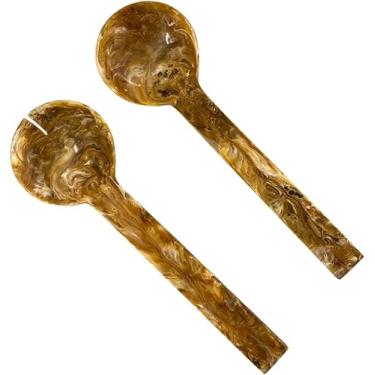 Imagem de Conjunto de colher e garfo para salada marmorizada marrom e dourada SS Craft | Utensílios de resina leves e duráveis com design redondo elegante para jogar e servir saladas, massas, acompanhamentos e