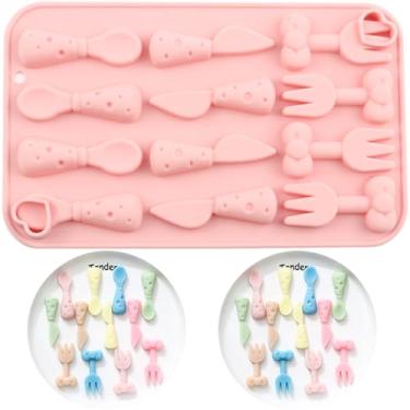 Imagem de EPYHREHM Utensílios de mesa de silicone com 12 cavidades, formas de chocolate, faca, garfo, molde em forma de colher para doces de chocolate