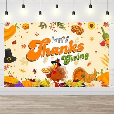 Imagem de AIBIIN Pano de fundo Happy Thanksgiving 179.8 cm x 110.0 cm decorações de festa de outono para decoração de outono de torta de abóbora de peru para uso interno e externo, artigos de festa de Ação de