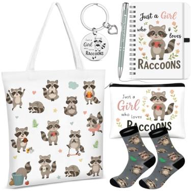 Imagem de Gilprop 6 peças, sacola de compras para amantes de guaxinim, chaveiro, bolsa de cosméticos, espiral, caderno, caneta, meias apenas uma garota que ama guaxinins, presente de aniversário e Natal