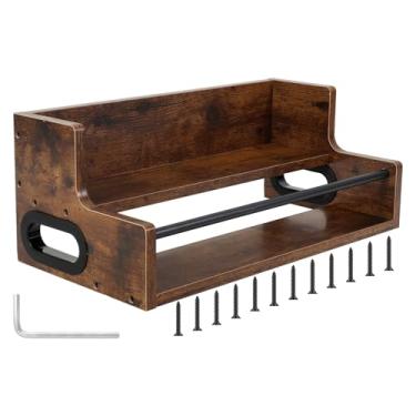 Imagem de ZJRDYYK Prateleira de exibição de garrafa de licor, organizador de xarope de café de 2 níveis, pequeno rack decorativo de madeira para vinho com cercas e alças para licor, uísque, bebidas alcoólicas