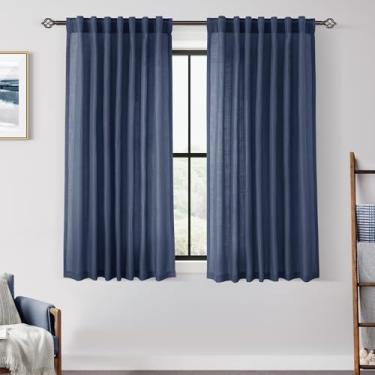Imagem de Cortinas azul marinho com 114 cm de comprimento para quarto com filtro de luz azul semitransparente, cortinas de sala de estar, linho, algodão, texturizado, azul índigo, cortinas, painel moderno