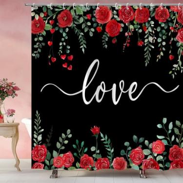 Imagem de Cortina de chuveiro amor rosa vermelha coração verde folhas românticas primavera natureza tecido conjunto de cortina de banheiro com ganchos