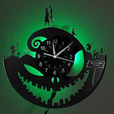 Imagem de Relógio de parede LED com tema de terror, design de disco de vinil preto, formato redondo de 30 cm com luz de fundo, arte de silhueta de personagens de filmes para decoração de sala de estar interna