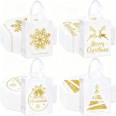 Imagem de Wesnoy 48 peças de sacos de presente de Natal, reutilizáveis, não tecidos, lembrancinhas de festa de Natal, ouro branco, doces, guloseimas, sacolas com alças para presente de Natal, artigos de festa