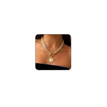 Imagem de Sora Tuki Colar de ouro grosso para mulheres, moderno, grande, corrente de elos cubanos, com pingente de sol e estrela do norte, joia grossa de prata, Large, Metal, Sem Pedra Preciosa