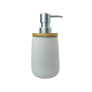 Imagem de Frasco Porta Sabonete Liquido 500ml Cerâmica com Madeira Válvula Prata para Banheiro- Design Natureba para Banheiro(Branco)