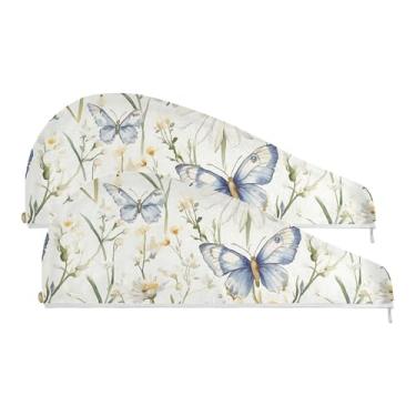 Imagem de SEHANY Toalha de cabelo de microfibra de flores coloridas elegantes para mulheres, 2 peças, turbantes de cabelo de secagem rápida com botão, touca de cabelo seco absorvente toalha de secagem de cabelo