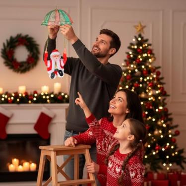 Imagem de Papai Noel Paraquedista Voador Natalino, Vermelho, 60cm, com Guarda-Chuva Verde e Rosa, Funcionamento à Bateria LR44, Decoração de Natal