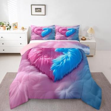 Imagem de Erosebridal Conjunto de edredom queen com coração rosa e azul para meninas | Conjunto de cama fofo com estampa de coração, decoração de quarto de dia dos namorados, edredom macio e quente, 3 peças com