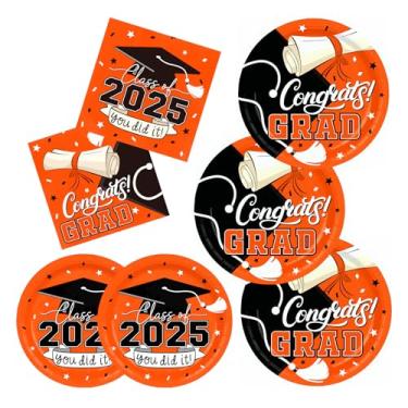 Imagem de Gatherfun Kit de suprimentos de festa de formatura 2025: decorações de formatura com tema laranja com pratos descartáveis de jantar e sobremesa, guardanapos para 50 convidados - decorações de festa de