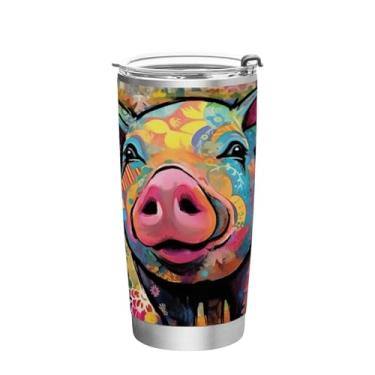 Imagem de Wassud Copo de pintura Happy Pig de 590 ml com tampa e canudo, copo isolado a vácuo de parede dupla de aço inoxidável caneca de café para bebidas frias e quentes