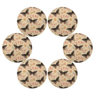 Imagem de Wassud Jogo americano conjunto de 6 tapetes redondos de borboletas laranja pretas para cozinha e jantar tapetes laváveis resistentes ao calor para decoração de mesa 39 cm