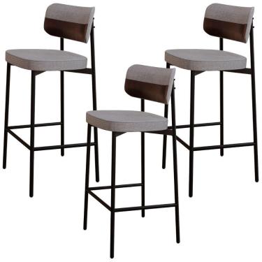 Imagem de Kit 03 Banquetas Alta Bar Cozinha Sala De Jantar Aço Preto Kaira C01 Linho Cinza Courino Café - Lyam Decor