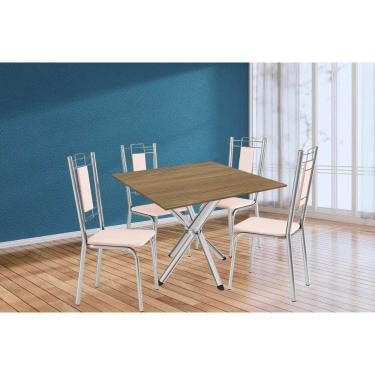 Imagem de Conjunto: Mesa Sala Jantar Volga C- Tampo De Madeira 90cm E 4 Cadeiras Florença Cromado-nogueira - Bege - Kappesberg