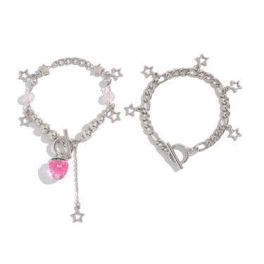 Imagem de QRH 2 peças de pulseiras punk Y2K combinando para mulheres e homens legais Y2K pérola morango envelope amor coração estrela conjunto de pulseiras estética grunge punk pulseira para casais amigos joias