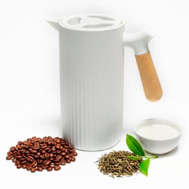 Imagem de Jarra Garrafa Termica Nordica 1L Canelada Cabo De Madeira P/Bebida Fria E Quente Café, Chá, Leite, Água, Suco C/Botão Gatilho Trava e Destrava Bule Térmico Mantém Temperatura até 6 horas (BRANCO)