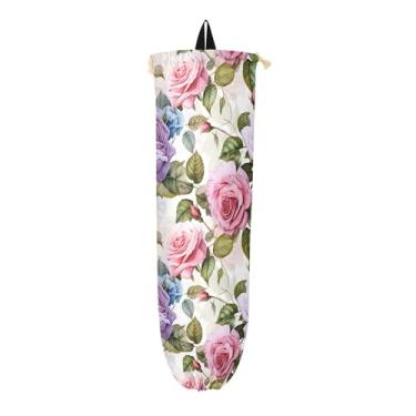 Imagem de Suporte de saco plástico colorido de rosas aquarela, organizador de sacos para armazenamento de sacolas plásticas de cozinha, suporte de saco plástico de pano
