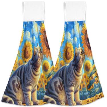 Imagem de TSENQUE British Shorthair Gato Girassol Toalhas de Cozinha Penduradas no Outono Toalhas de Forno Personalizadas Conjunto de 2 Toalhas de Cozinha e Casa Bonitas Ultra Absorventes, 46 x 35 cm
