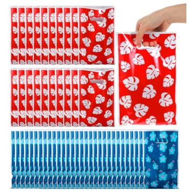 Imagem de ValueBargain 50 peças de sacos de lembrancinhas de festa, sacos de guloseimas de ponto havaiano com alça, bolsas de lanche com estampa de folhas florais vermelhas azuis para aniversário, tema de ilha