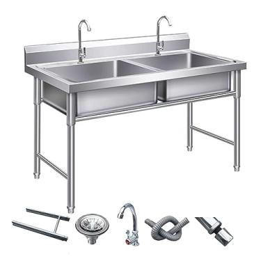 Imagem de Pia de restaurante comercial, pia de aço inoxidável comercial com 2 compartimentos, pia de fenda dupla com suporte, banheira de lavanderia de nível comercial (100 x 50 x 80 cm)