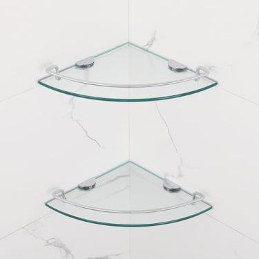 Imagem de Prateleira de canto de vidro para banheiro com trilho de aço inoxidável SUS 304, prateleira de canto montada na parede, prateleira de vidro temperado com suportes de liga de zinco, organizador de