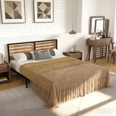 Imagem de OLALITA Estrutura de cama completa, cabeceira de madeira vintage, base de plataforma de metal, suporte de ripas de aço, sem necessidade de colchão de mola