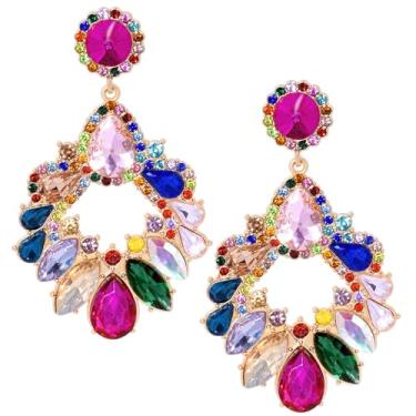 Imagem de Nydotd Brincos de carnaval para mulheres, brincos pendentes de gota de strass roxo verde ouro grande brincos de gota de cristal moda carnaval festa joias presentes casamento noiva formatura (colorido