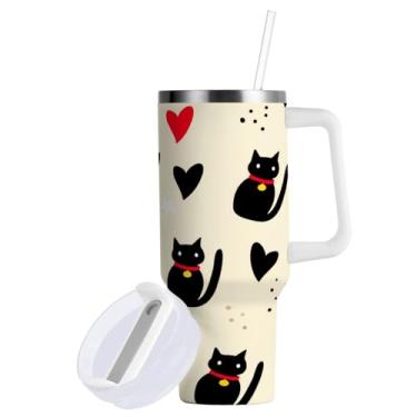 Imagem de ATTX Copo de gato preto para Dia dos Namorados de 850 g com alça - Caneca de viagem de aço inoxidável isolada a vácuo, xícara de café à prova de vazamento com canudo #228
