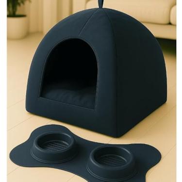Imagem de Cama Cabana Pet 2 em 1 Impermeável Lavável para Cachorro e Gato Tenda(Suede Azul + Tapete Comedouro,GG)