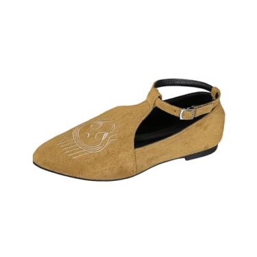 Imagem de Sapatos femininos de estilo étnico casual com fivela de bico fino e salto baixo com um design confortável para uso casual e uso interno e externo, Marrom, 34