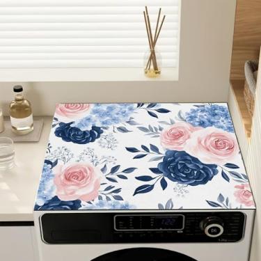 Imagem de Capa protetora para lavadora e secadora floral azul rosa capa antiderrapante para máquina de lavar, almofada protetora de secagem rápida à prova de poeira para lavadora e secadora, decoração de casa