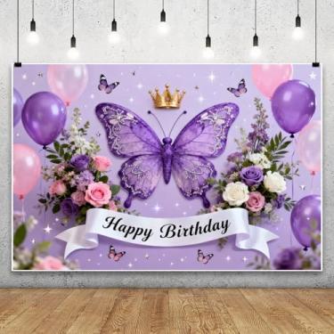 Imagem de Leowefowa 3 x 2,4 m, pano de fundo roxo elegante borboleta floral coroa para fotografia colorido rosa floral balão de fada menina tema festa banner decoração estúdio foto adereço