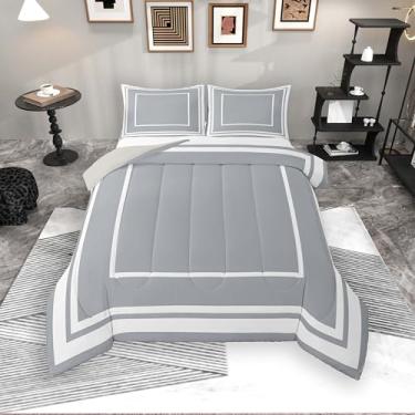 Imagem de Feelyou Jogo de cama Queen com estampa geométrica e moderna, listrada, minimalista, cinza, branco, para decoração de quarto de crianças, meninos, meninas, microfibra, ultramacia, respirável