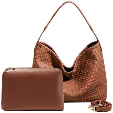 Imagem de Bolsa feminina Boston de tecido de couro vegano, bolsa mensageiro, moda, bolsa tiracolo de ombro, casual, Hobo, Marrom âmbar.